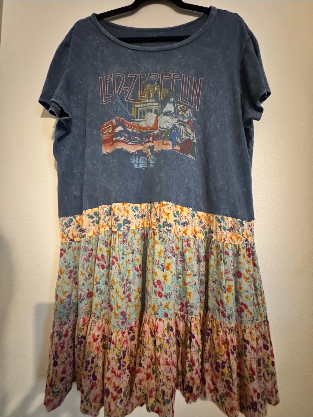 Handmade baggy M/L/XL Blue Led Zeppelin Graphic Tiered Floral Dress